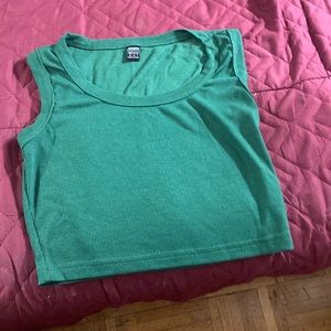 the brand is shein, dark green scoop neckline